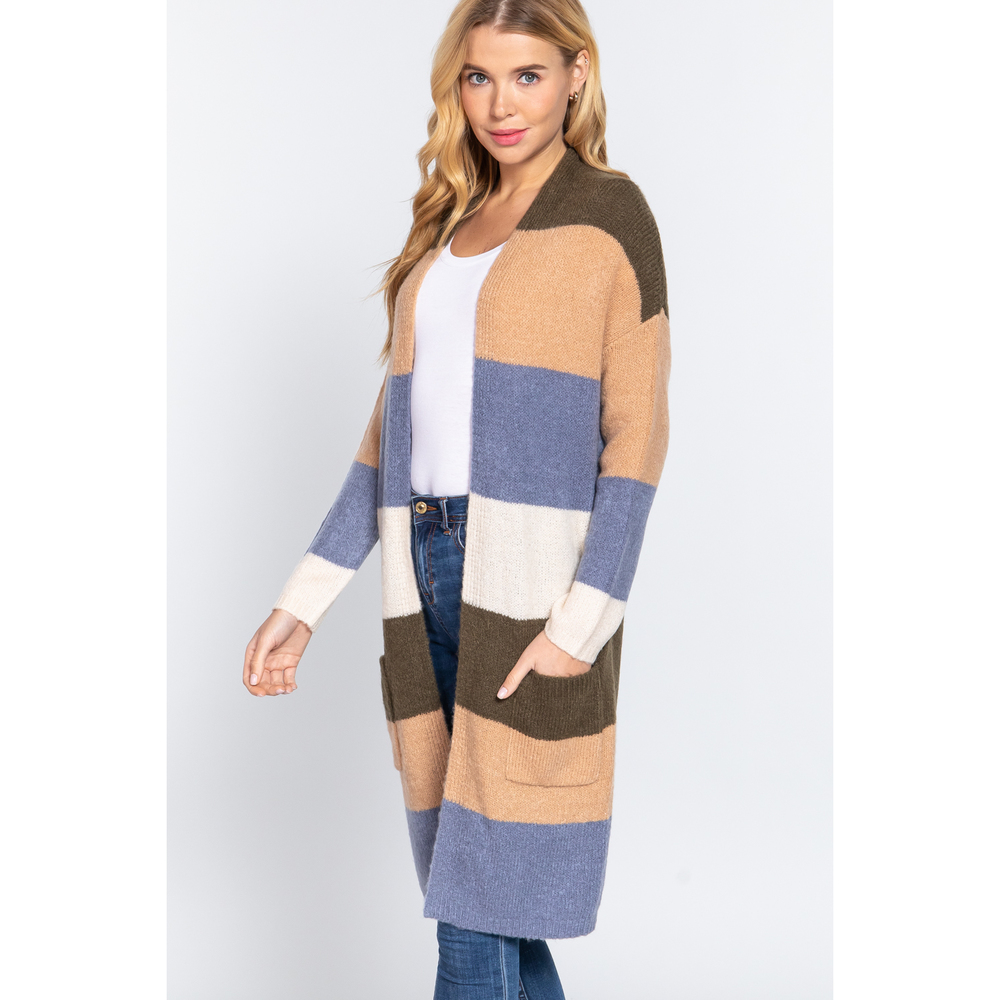 Open Front Color Block Cardigan - Picture 3 of 7